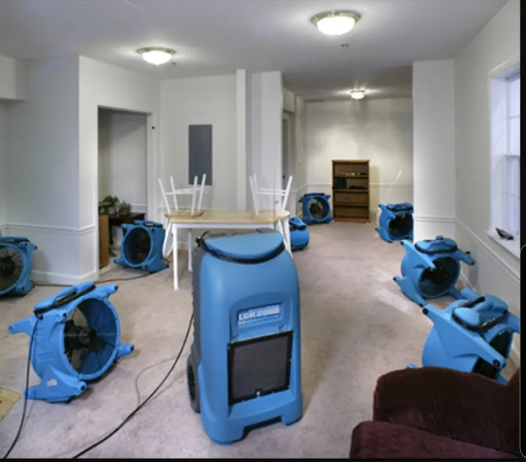 Air movers and dehumidifier setup for Water Damage Restoration in Perris